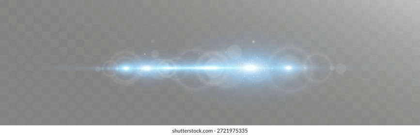 Destello de luz Horizontal azul con rayas brillantes y efectos de lente sobre fondo transparente.
