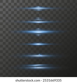 Blue horizontal light rays of blue color, Glowing particles shining glare effect, Vector neon transparent design elements.