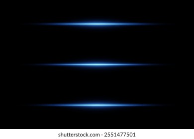 Blue horizontal line of light, flare of a light beam. On a black background.
