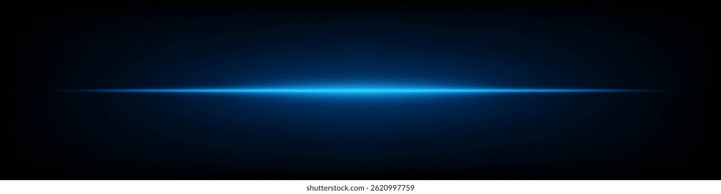 Blue horizontal neon lens flare glowing brightly on dark background. Minimalist futuristic abstract beam, perfect for UI design, sci-fi effects, digital projects. EPS vector illustration.
