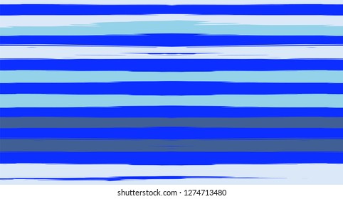 Blue Horizontal Paintbrush Seamless Sailor Stripes. Geometric Simple Retro Graffiti Maritime Texture. Hand Painted Male or Female T-Shirt Hipster Pattern Design. Blue Waves Watercolor Sailor Stripes