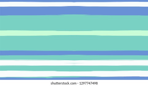 Blue Horizontal Paintbrush Seamless Sailor Stripes. Geometric Simple Retro Graffiti Maritime Texture. Hand Painted Male or Female T-Shirt Autumn Ocean Banner. Blue Waves Watercolor Sailor Stripes