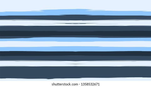 Blue Horizontal Paintbrush Seamless Sailor Stripes. Geometric Cool Marine Graffiti Maritime Texture. Hand Painted Male or Female T-Shirt Winter Banner Design. Track Blue Watercolor Sailor Stripes