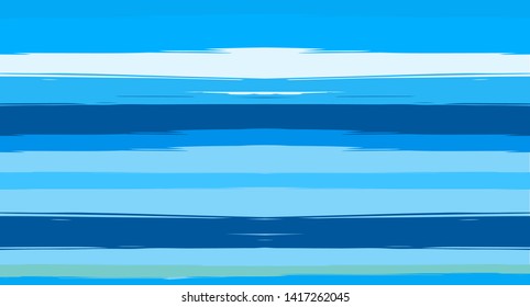 Blue Horizontal Paintbrush Seamless Sailor Stripes. Geometric Doodle Summer Maritime Texture Prints. Hand Painted Male or Female T-Shirt Winter Banner Pattern. Blue Sea Watercolor Sailor Stripes