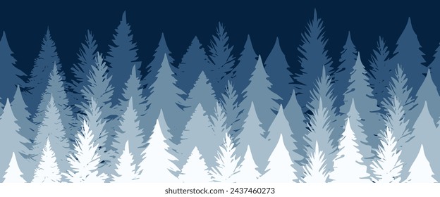 Blue horizontal seamless border, forest tree silhouette vector background