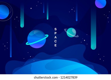 blue horizontal space background with abstract shape and planets. falling asteroids. Web design. vector illustration.