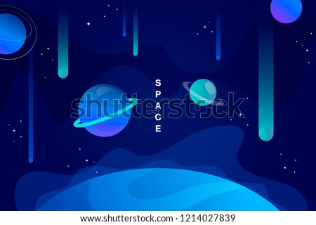 blue horizontal space background with abstract shape and planets. falling asteroids. Web design. vector illustration.
