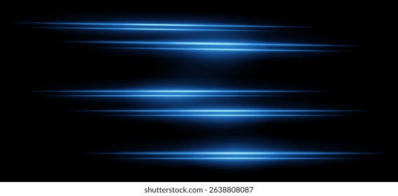 Blue horizontal streaks. Multiple soft glowing lines with blur effect on black background, arranged vertically with smooth motion. Ideal for sci-fi, speed, abstract energy.