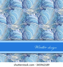 Blue horizontal stripe border design. Winter frozen glass background. Text place. Vintage vector illustration.