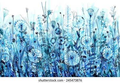 blue horizontal thickets/ field/ dandelion meadow/ watercolor painting/ vector illustration