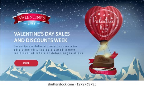 Blue horizontal Valentine's Day discount banner with balloon and chocolate candy