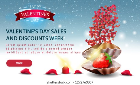 Blue horizontal Valentine's Day discount card with pearl shell with strawberry  