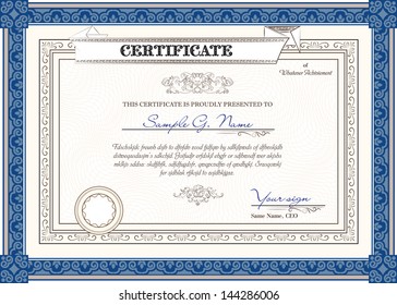 Blue horizontal vector certificate template with additional design elements