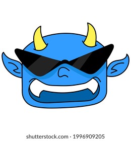 a blue horned demon with a laughing expression wearing sunglasses, vector illustration carton emoticon. doodle icon drawing