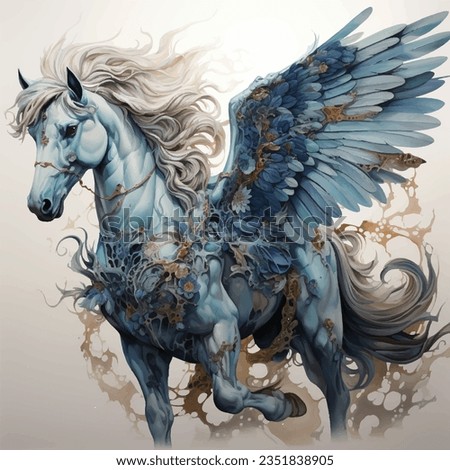 Blue horse with big beautiful wings flying with white mane and blue flowers, Vector unicorn, Vector watercolor blue horse