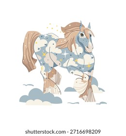 Caballo azul decorado con Ilustración vectorial de nubes. Obra de arte linda con un sentimiento de fantasía suave, perfecto para el diseño de los niños, carteles, papelería, decoración, proyectos creativos de marca.