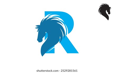 blue horse head for r letter logo, silhouette of great mare closeup vector illustrations