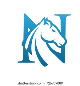 Blue Horse Initial N Single Color Vector Logo