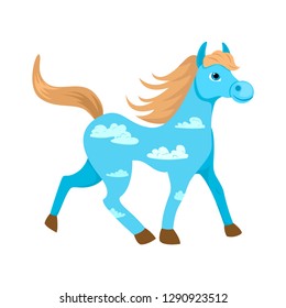 Blue horse. Long mane and tail. Pony in motion. Pattern on the body with clouds. Vector isolated character illustration on white background.