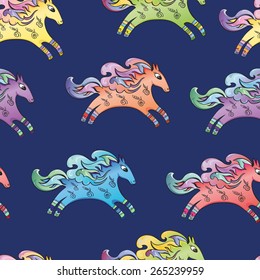 Blue Horse Pattern | Seamless baby style doodle sketch wallpaper with funny cute characters for children design