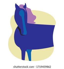 A blue horse with a pink mane on a background of a puddle isolated on a white background for children or baby. Flat simple vector stock illustration with cute stylish animal for design or print.