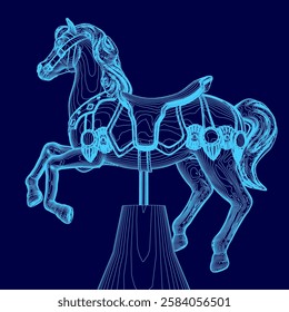 A blue horse with a saddle on a wooden post. The horse is drawn in a stylized way, with a blue color scheme. Scene is playful and whimsical