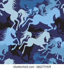 Blue horse silhouette seamless pattern. Vector illustration.