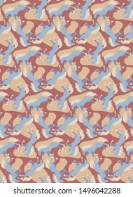 blue horse and spots on terracotta background. seamless pattern for textile/ interior design/ papper and etc. Trendy style.