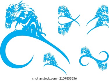 Blue horse symbols on a white background for emblems or print. Ornate liquid horse symbols for business concepts, tattoos, textiles, wallpaper, web icons, logos, fabric products, fashion trends, etc. 