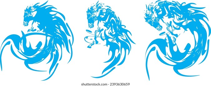 Blue horse symbols on white in wave form for emblems or prints. Horse icons for business concepts, wallpapers, posters, logos, fashion trends, textiles, fabric products, decals, stikers, covers, etc.