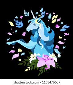 A blue horse. Wreath of leaves .Vector unicorn