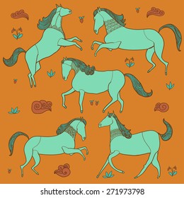 Blue horses running vector pattern