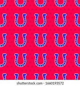 Blue Horseshoe icon isolated seamless pattern on red background.  Vector Illustration