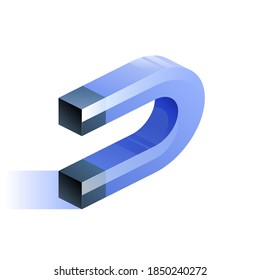 Blue horseshoe magnet icon in isometric view. Magnetic power, gravitation, source of magnetism concept. Attracting profit and money in business symbol. Vector illustration isolated on white background