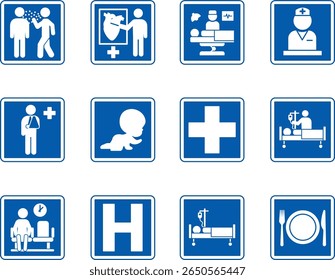 Sinais de hospital azul. Ícones vetoriais Doença infecciosa, Serviços médicos, Estação de enfermagem, Área de espera, Atendimento infantil, Departamento ambulatorial, Cirurgia, Internação, lanchonete e muito mais
