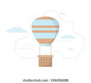 Blue hot air balloon flying in the sky with clouds. Air transport. Cute cartoon style. For background or cards. Children's illustration. Flat vector illustration on white isolated background.