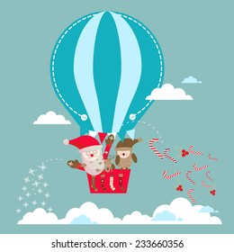 Blue hot air balloon with Santa Claus and reindeer. illustrations