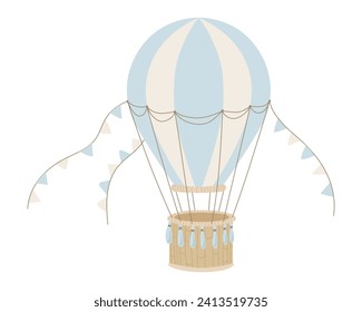 Blue hot Air Balloon vector illustration for Baby shower. Vintage hand drawn aircraft with pennants for Children party or kids cards in cartoon style. Drawing of old retro aircraft for childish design