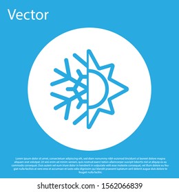 Blue Hot and cold symbol. Sun and snowflake icon isolated on blue background. Winter and summer symbol. White circle button. Vector Illustration