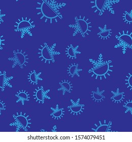 Blue Hot and cold symbol. Sun and snowflake icon isolated seamless pattern on blue background. Winter and summer symbol.  Vector Illustration