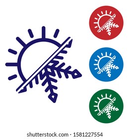 Blue Hot and cold symbol. Sun and snowflake icon isolated on white background. Winter and summer symbol. Set color icons in circle buttons. Vector Illustration