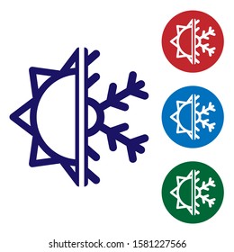 Blue Hot and cold symbol. Sun and snowflake icon isolated on white background. Winter and summer symbol. Set color icons in circle buttons. Vector Illustration