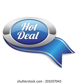 Blue hot deal button with metallic border and ribbon on white background