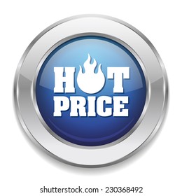 Blue hot price button with metallic border on white background