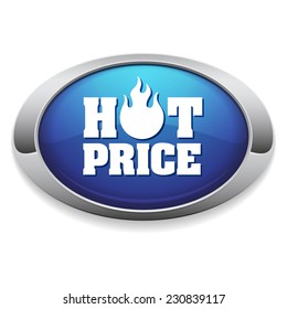 Blue hot price button with metallic border on white background
