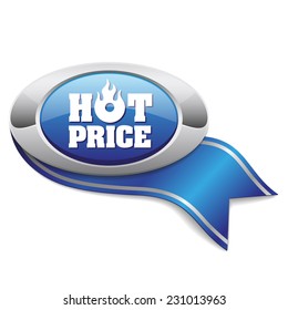 Blue hot price button with metallic border and ribbon on white background