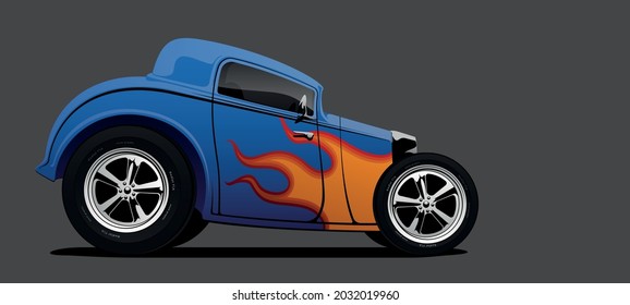 Blue hot rod with flames on side, view from side. Vector illustration.