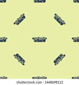 Blue Hotdog sandwich with mustard icon isolated seamless pattern on white background. Sausage icon. Street fast food menu.  Vector Illustration