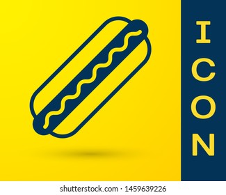 Blue Hotdog sandwich with mustard icon isolated on yellow background. Sausage icon. Fast food sign. Vector Illustration