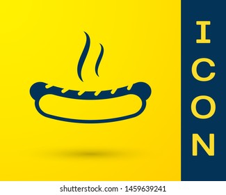 Blue Hotdog sandwich with mustard icon isolated on yellow background. Sausage icon. Fast food sign. Vector Illustration